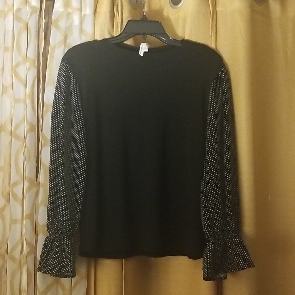 NY Collection Black Top with Polka Dot Sleeves